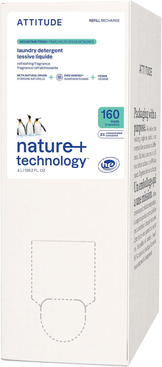ATTITUDE Liquid Laundry Detergent Refill, EWG Verified, HE Compatible, Plant-Based & Vegan, Natural Laundry Soap, Mountain Fresh Scent, 160 Loads, 135.26 Fl Oz