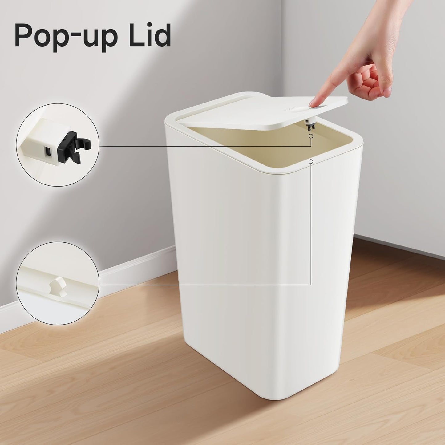 TIPGO Bathroom Trash Can with Lid, 4 Gallon / 15 Liter Small Garbage Can, Press Top Bin, Plastic Wastebasket with Pop-Up Lid for Bedroom, Living Room, Office (White, 2 Pack)