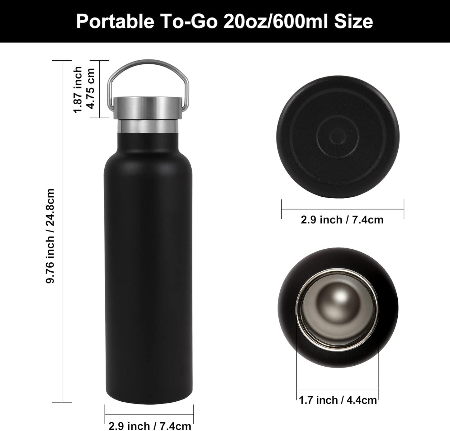 Neihepal 20 oz Insulated Water Bottles Bulk 2 Pack,Stainless Steel Double Wall Sport Bottle with Lid of Handle,Metal Reusable Thermoses Flask with Cup Cap for School,Hikers,Gift (Black,Set of 2)