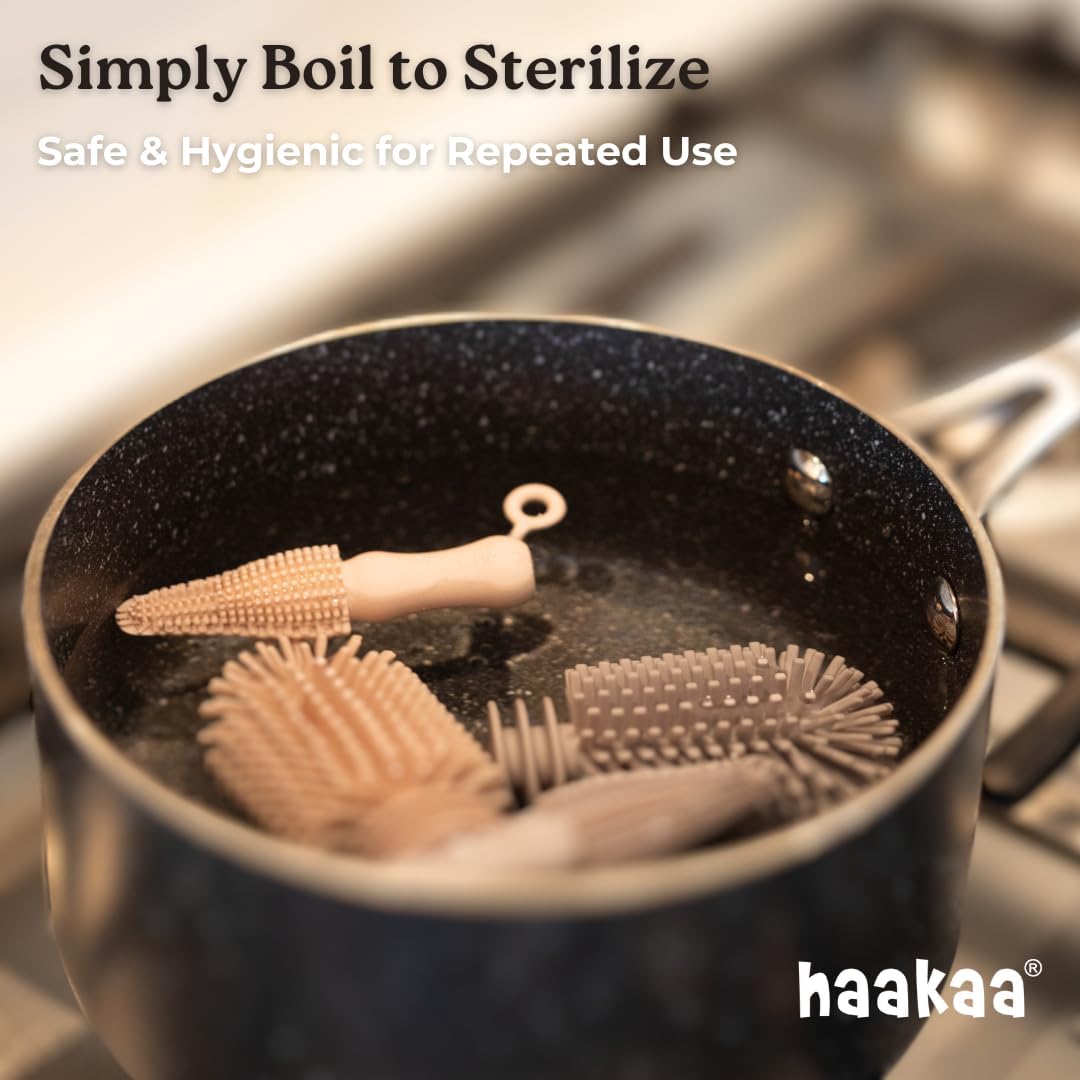 Haakaa Silicone Cleaning Brush Kit – Household Cleaning Brushes for Bottles and Crevices – Food-Grade Silicone: Dishwasher Safe (Kit-Blush)