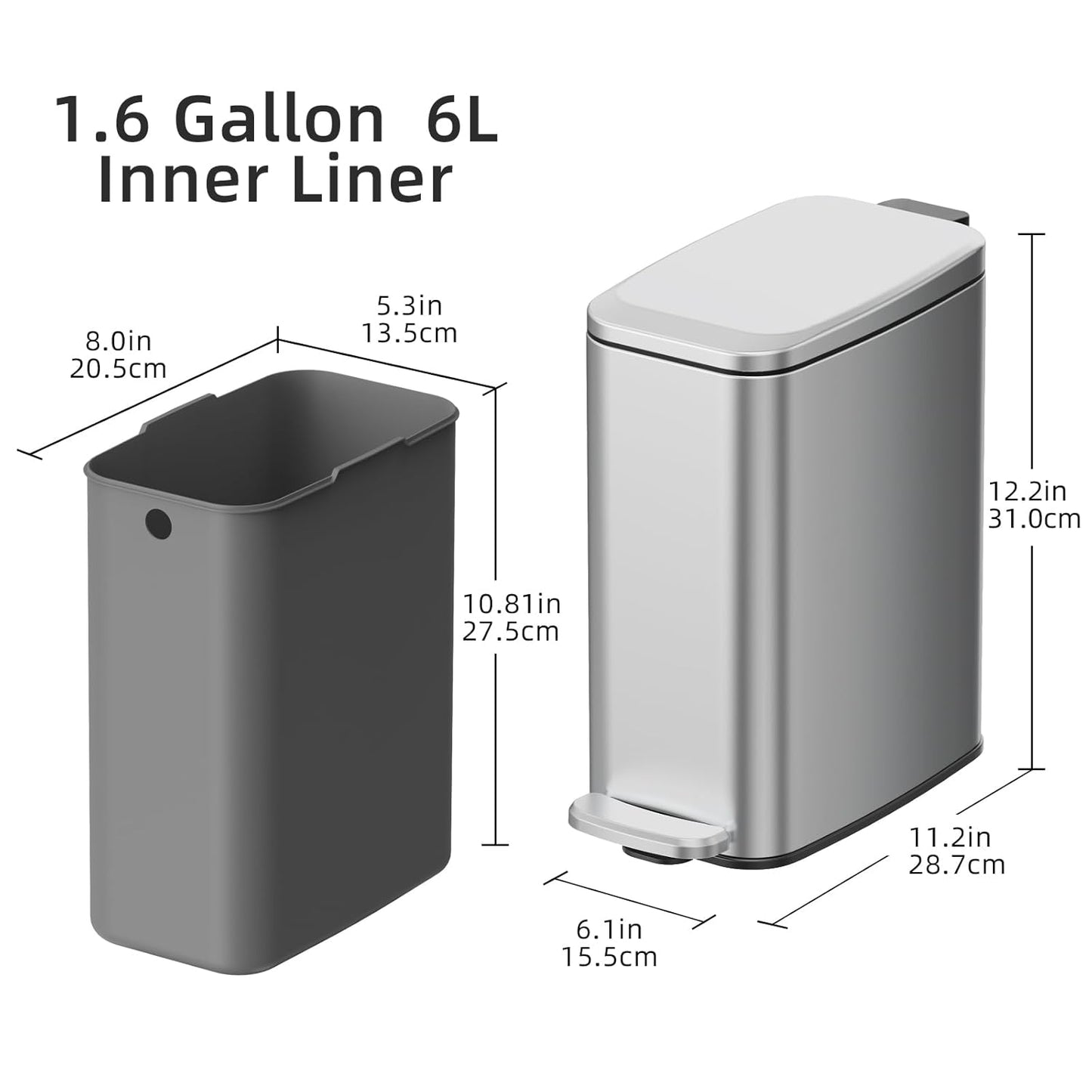 KUK Slim Bathroom Trash Can with Lid, 1.6 Gal / 6L Stainless Steel Small Garbage Bin with Detachable Inner Bucket, Step Pedal, Silent Close, Wastebasket for Toilet, Bedroom, Home, Office (Silver)