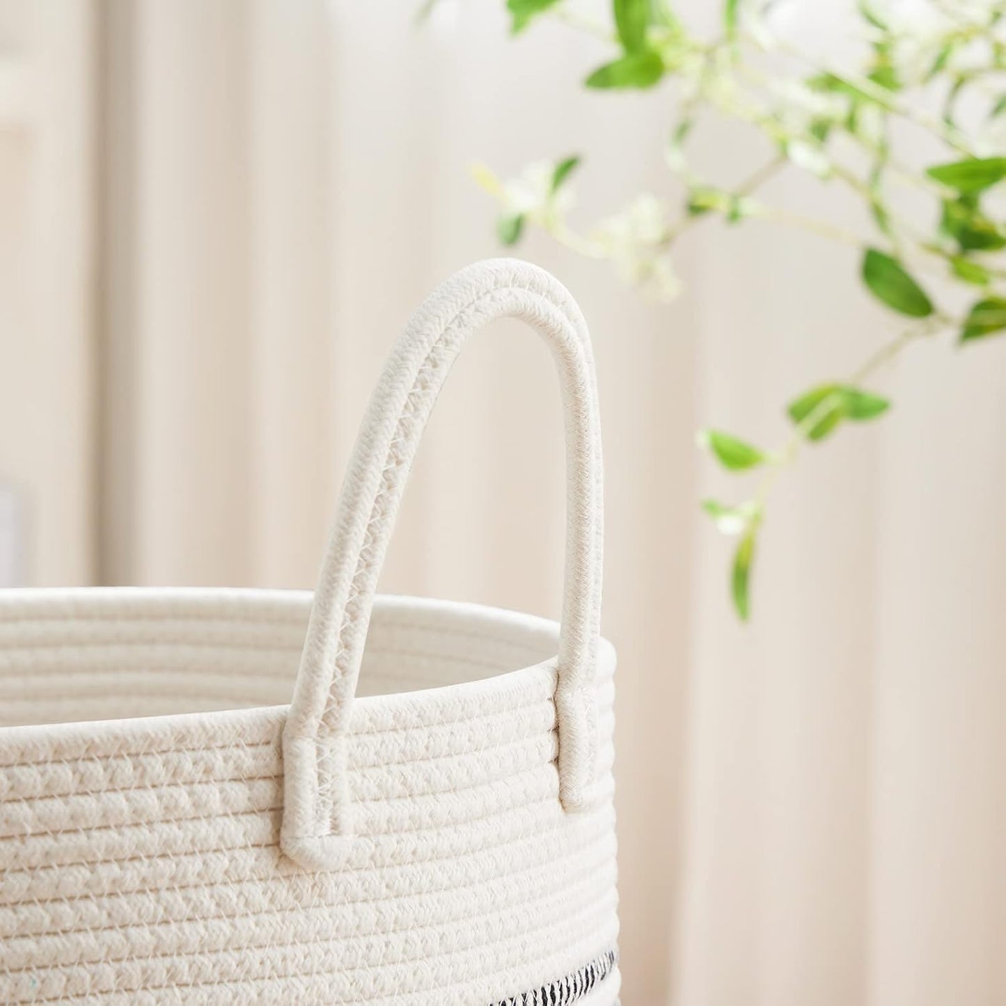 VIPOSCO Large Laundry Hamper, Tall Woven Rope Storage Basket for Blanket, Toys, Dirty Clothes in Living Room, Bathroom, Bedroom - 72L Stripe White