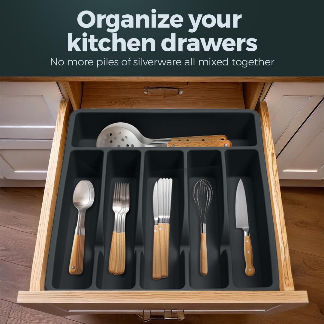 Silicone Silverware Drawer Organizer – Non-Slip Utensil Holder for Kitchen Drawers | Cutlery Tray for Forks, Knives, Spoons & More | Durable, BPA-Free, Easy to Clean – Black