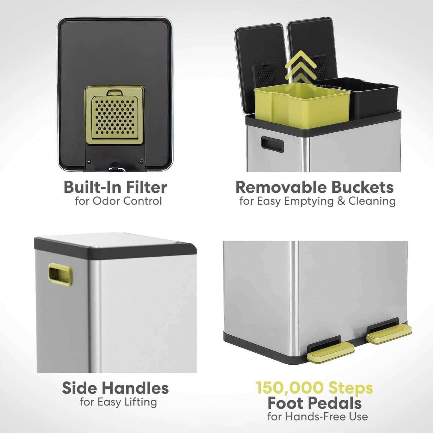 SIMPLI-MAGIC 16 Gallon (60L) Dual Compartment Step Trash Can – Kitchen Garbage Can with Waste & Recycling Bins – Slow-Close Lid, Odor Control, Hands-Free, Inner Bases, Premium Stainless Steel