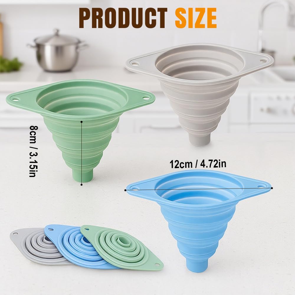 Kitchen Funnel Set, Wide-Mouth Foldable and Telescopic Design, Liquid Separation Funnel, Silicone (3 pcs)