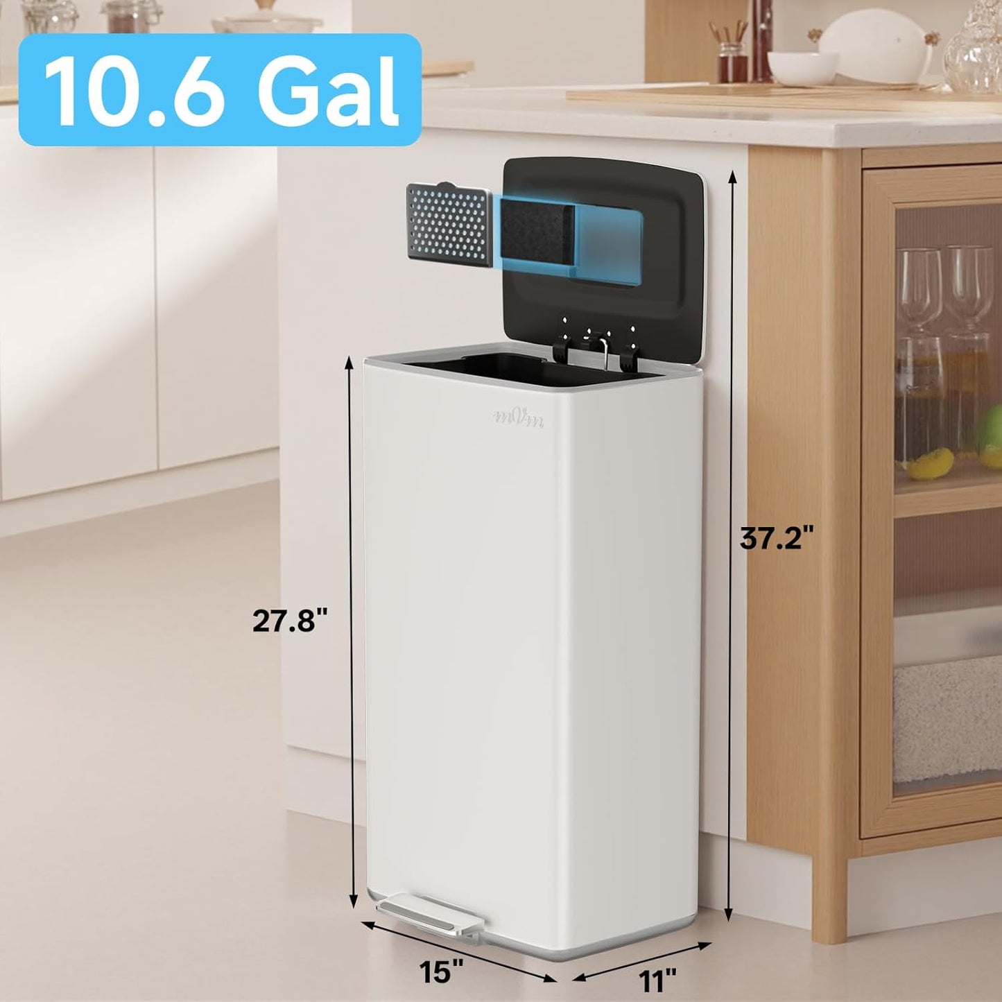 mVm 10.6 Gallon Heavy Duty Step Trash Can with Lid, Foldable Foot Pedal Bin for Kitchen Office Dormitory Home Rooms (White)