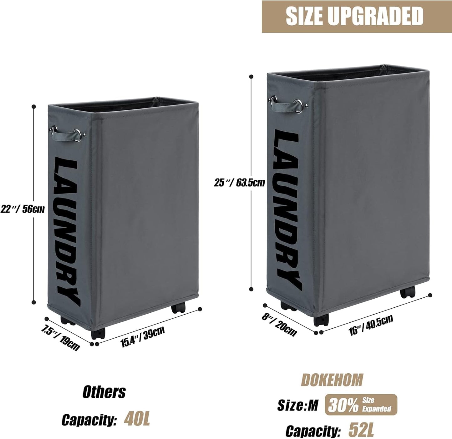 DOKEHOM 25-Inches Slim Laundry Basket on Wheels, Collapsible Rolling Laundry Hamper, Foldable Narrow Corner Clothes Storage Bins (Dark Grey)