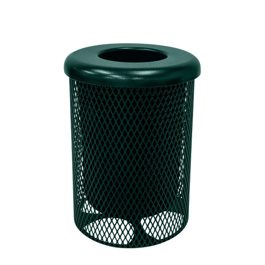 Coated Outdoor Furniture 32-Gallon Heavy-Duty Expanded Metal Round Trash Receptacle, Commercial Outdoor Waste Bin with Liner & Black Flat Top Lid – Made in America (Textured Dark Green)