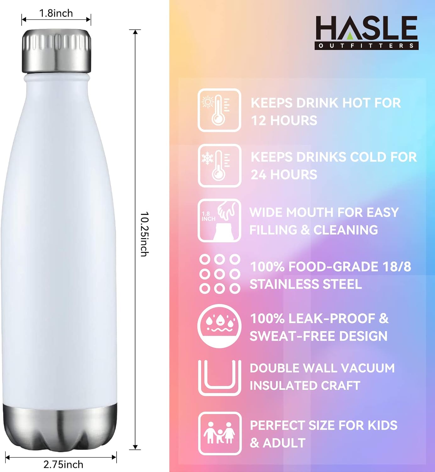 HASLE OUTFITTERS 17oz Stainless Steel Water Bottles Bulk, Vacuum Insulated Water Bottles Double Walled Powder Coated Reusable Metal Sports Water Bottles Keep Drinks Hot and Cold, White, 8Packs