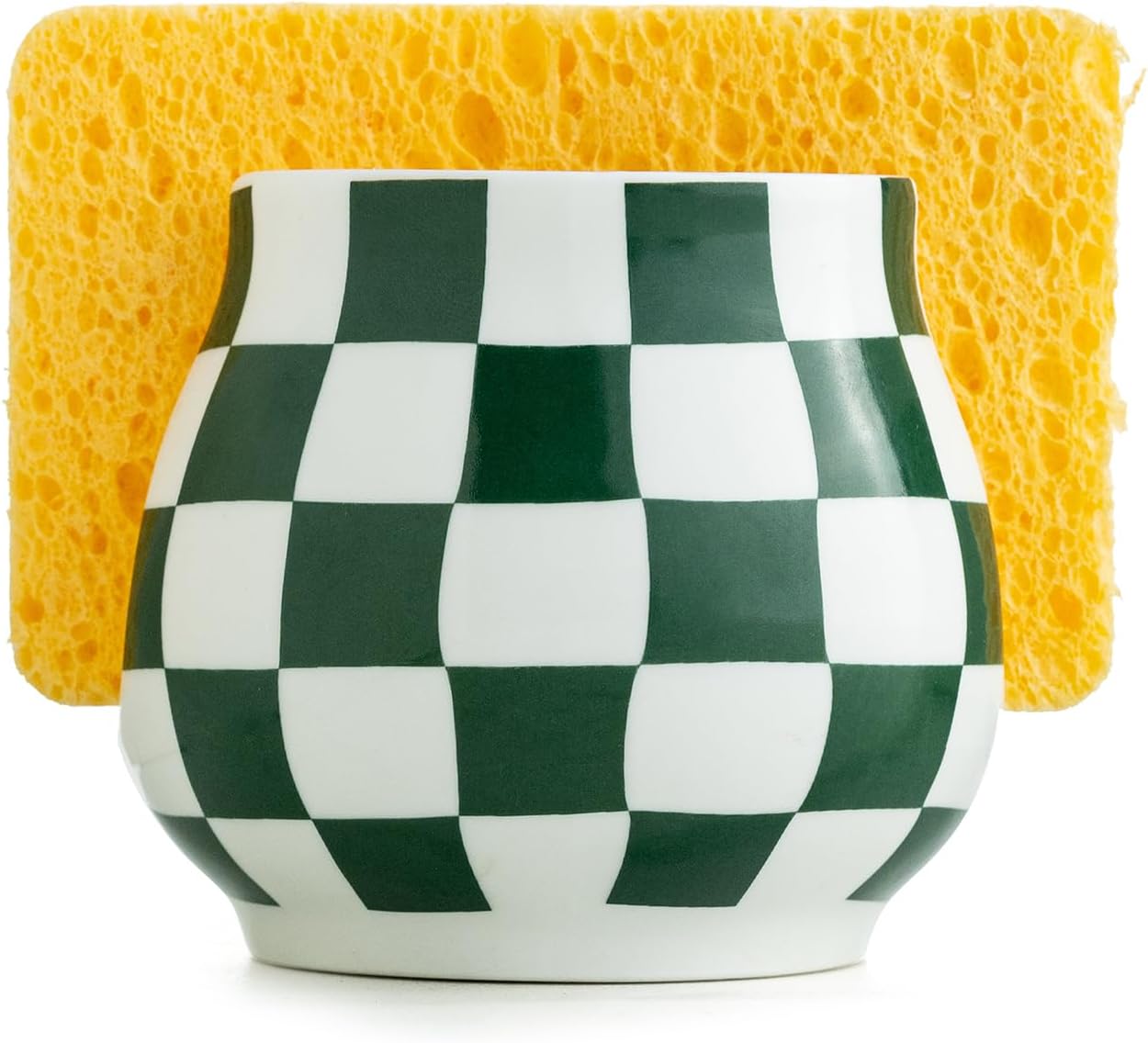 Kitchen Sponge Holder, Ceramic Sponge Organizer Checkered Scrubby Holder Sink Caddy Scrub Dish Rack for Kitchen, Bathroom, Sink Decor, Green and White