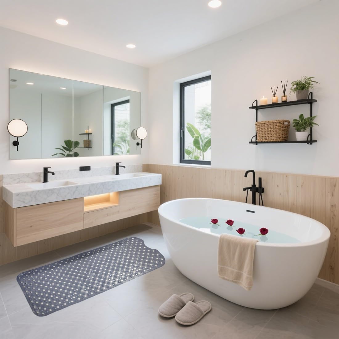 Bath Tub Mat Non Slip, 39 x 16 Inch Long Shower Mat, Machine Washable Bathmat with Drain Holes (Gray)