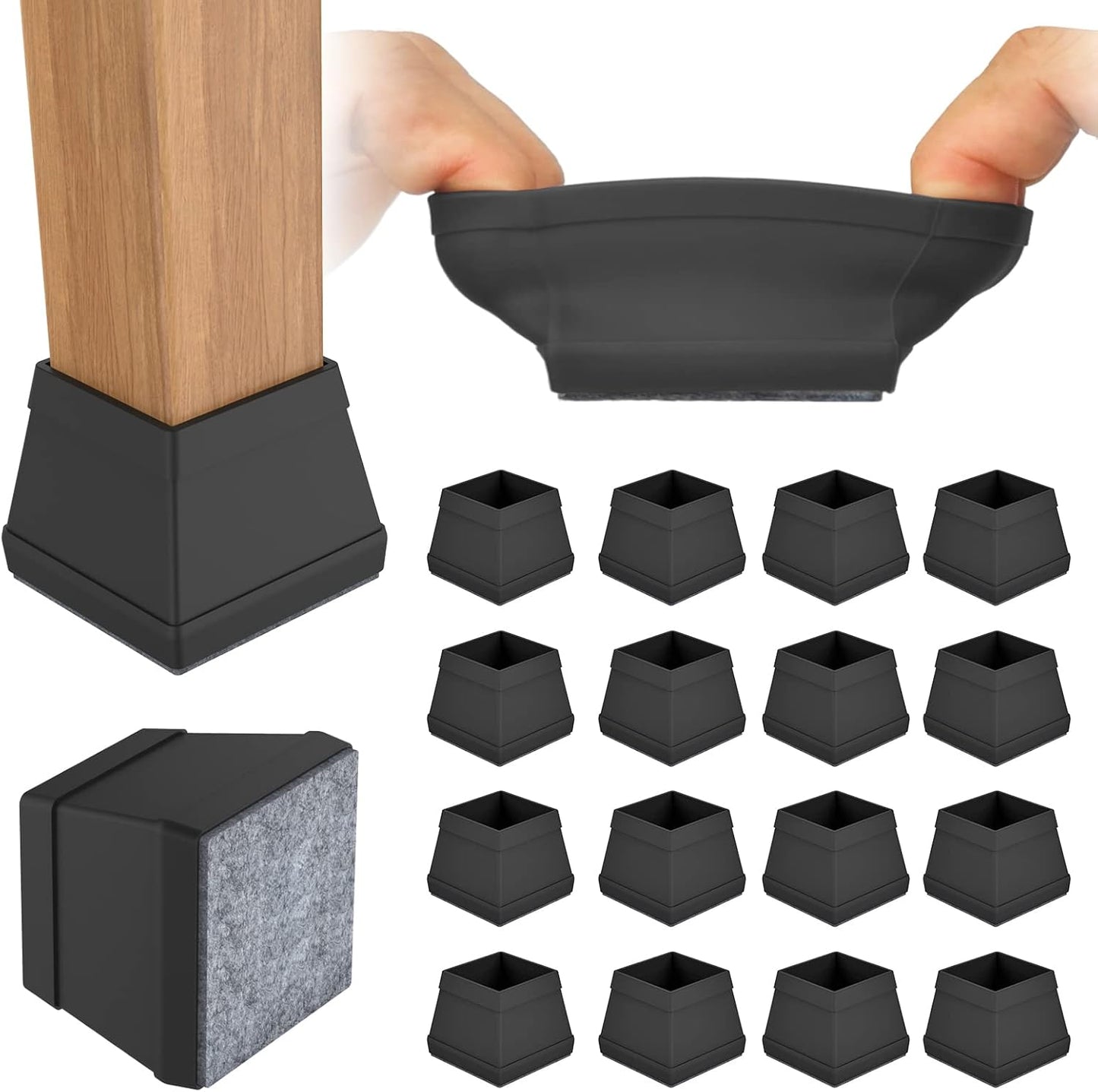 16 PCS Square Chair Leg Floor Protector, Silicone Chair Leg Cover, Furniture Leg Protectors with Felt, Mobile Table Leg Pad, Protect The Floor from Scratches.2 in Black.