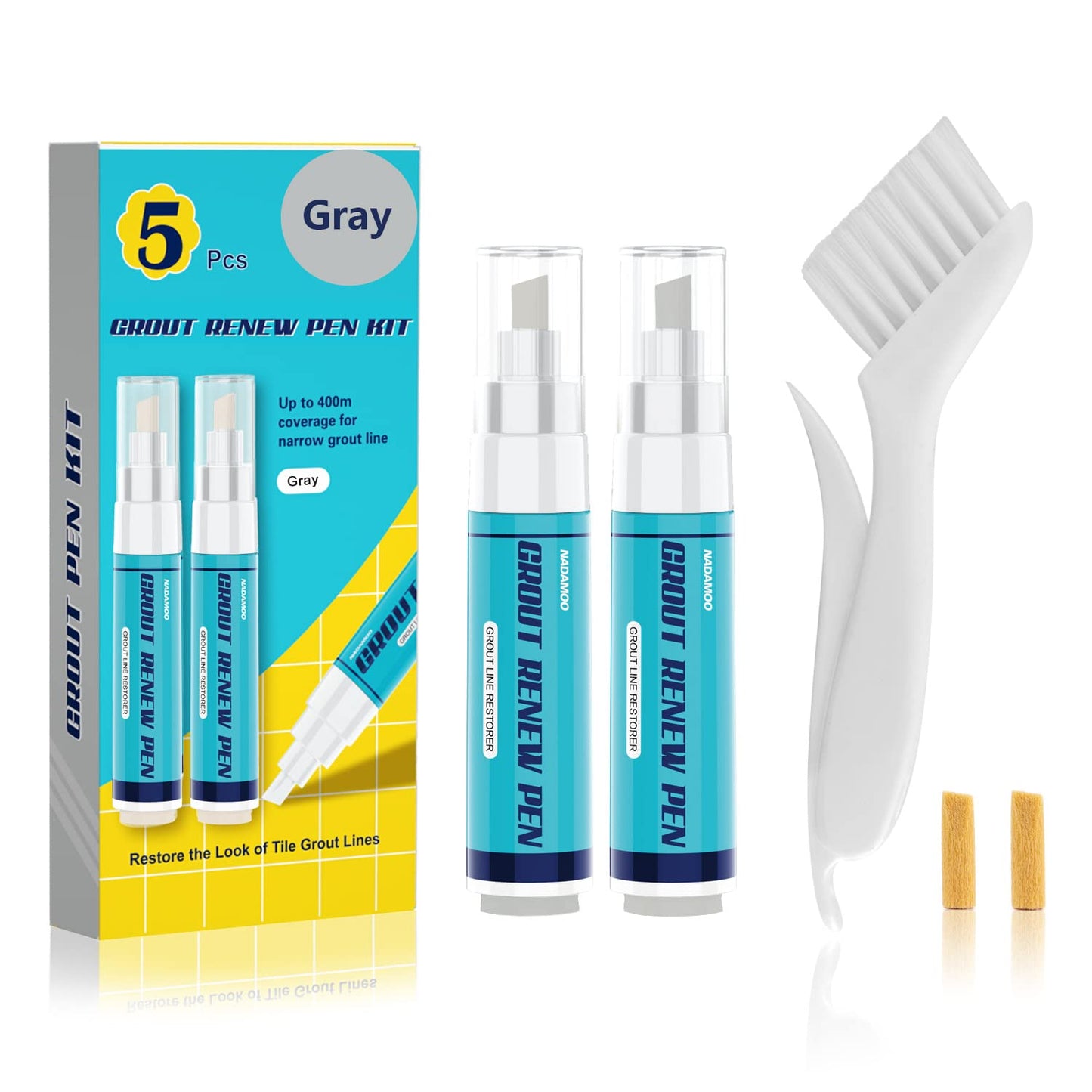 NADAMOO Grout Renew Pen Gray - 2 Large Size 20ml Tile Grout Paint Pen - Restore Grout Line - 2 Replacement Nibs and 1 Cleaning Brush