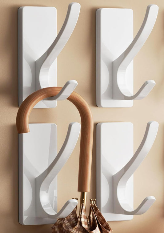 White Self Adhesive Coat Hooks for Hanging, Heavy Duty Stainless Double Wall Hook for Towel, Backpack, Hat, Sturdy Metal Hanger for Bathroom, Bedroom, Door, Wall Mounted, 4-Pack