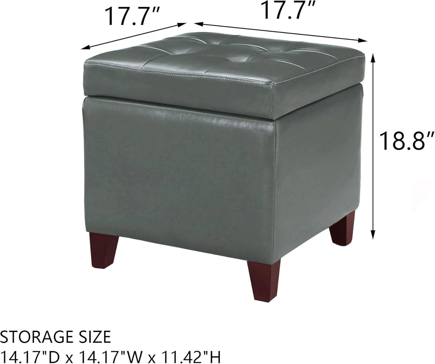 Adeco Bonded Leather Square Tufted Cubic Cube Storage Footstool, 18" Inch Ottomans & Storage Ottomans, With Lid, Dim Gray