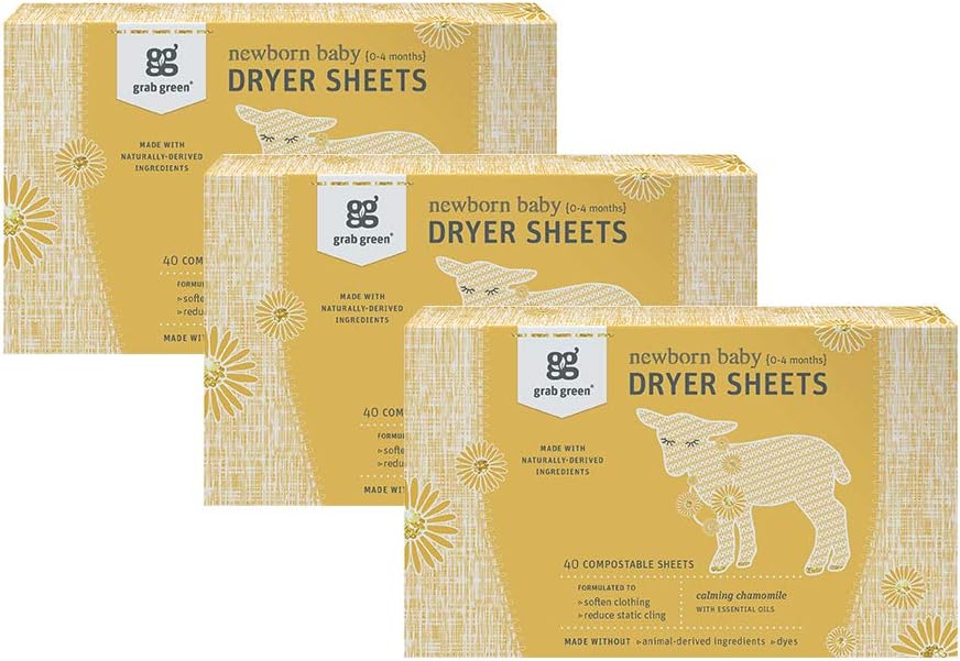 Grab Green Newborn Baby Dryer Sheets, 120 Sheets, Chamomile Scent, Plant and Mineral Based, Compostable, Softens Clothing and Linens, Reduces Static Cling