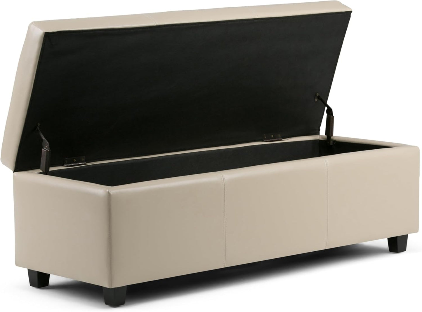 SIMPLIHOME Avalon 48 inch Wide Contemporary Rectangle Storage Ottoman Bench in Satin Cream Vegan Faux Leather, Assembled, for the Living Room, Entryway and Family Room