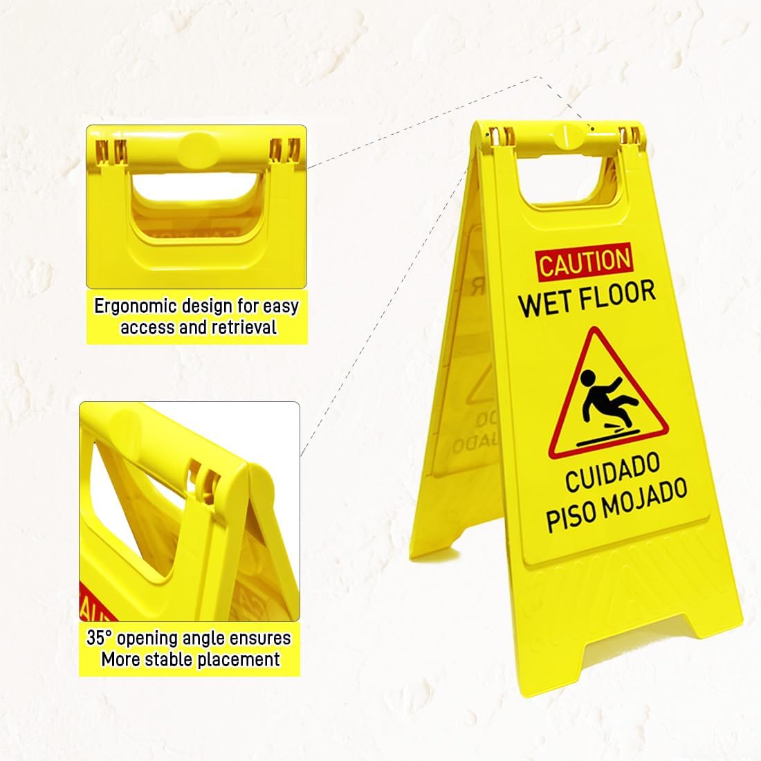1-Pack Caution wet floor sign, 24 in. (approx. 60 cm) Height,Bright Yellow Double-Sided Folding A-Shaped Frame Design, Bilingual Caution Message