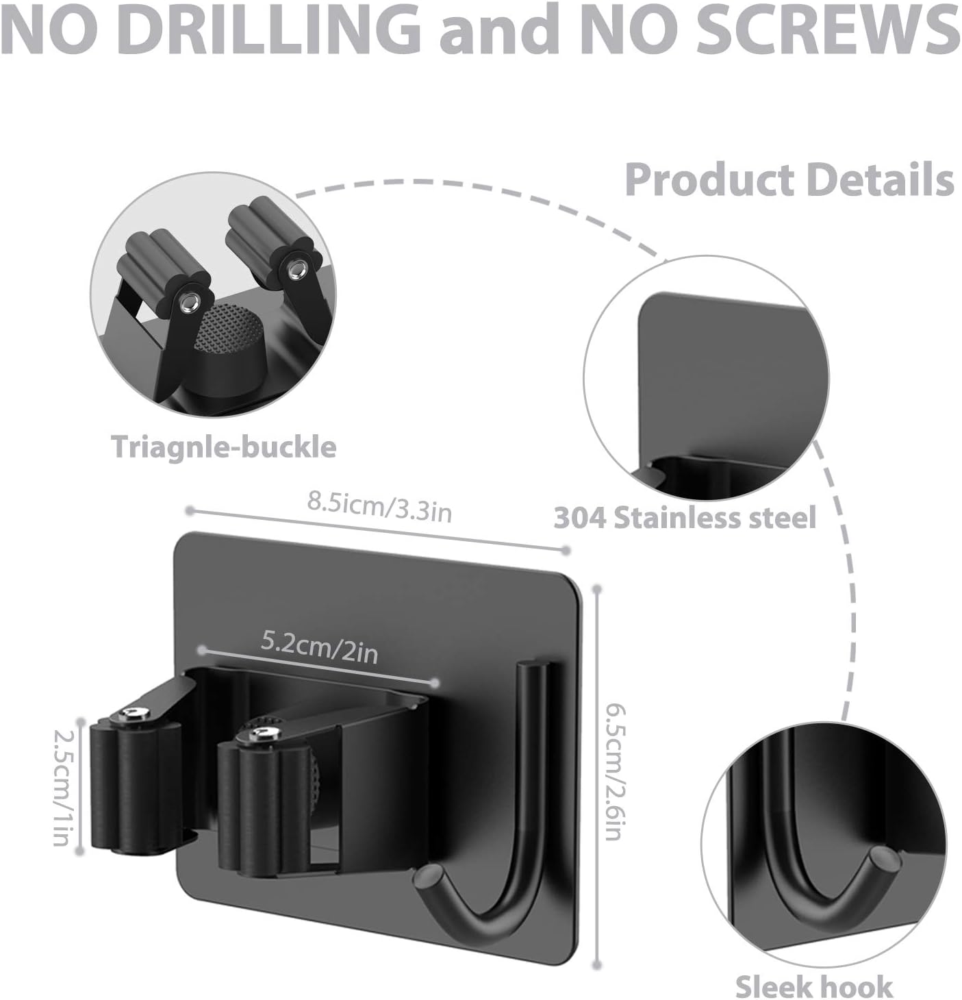 Mop Broom Holder No Drill, Mop Broom Organizer Wall Mounted Heavy Duty with Hooks Hanger, Self Adhesive Stainless Steel 4Pcs for Bathroom, Kitchen, Office (Black)