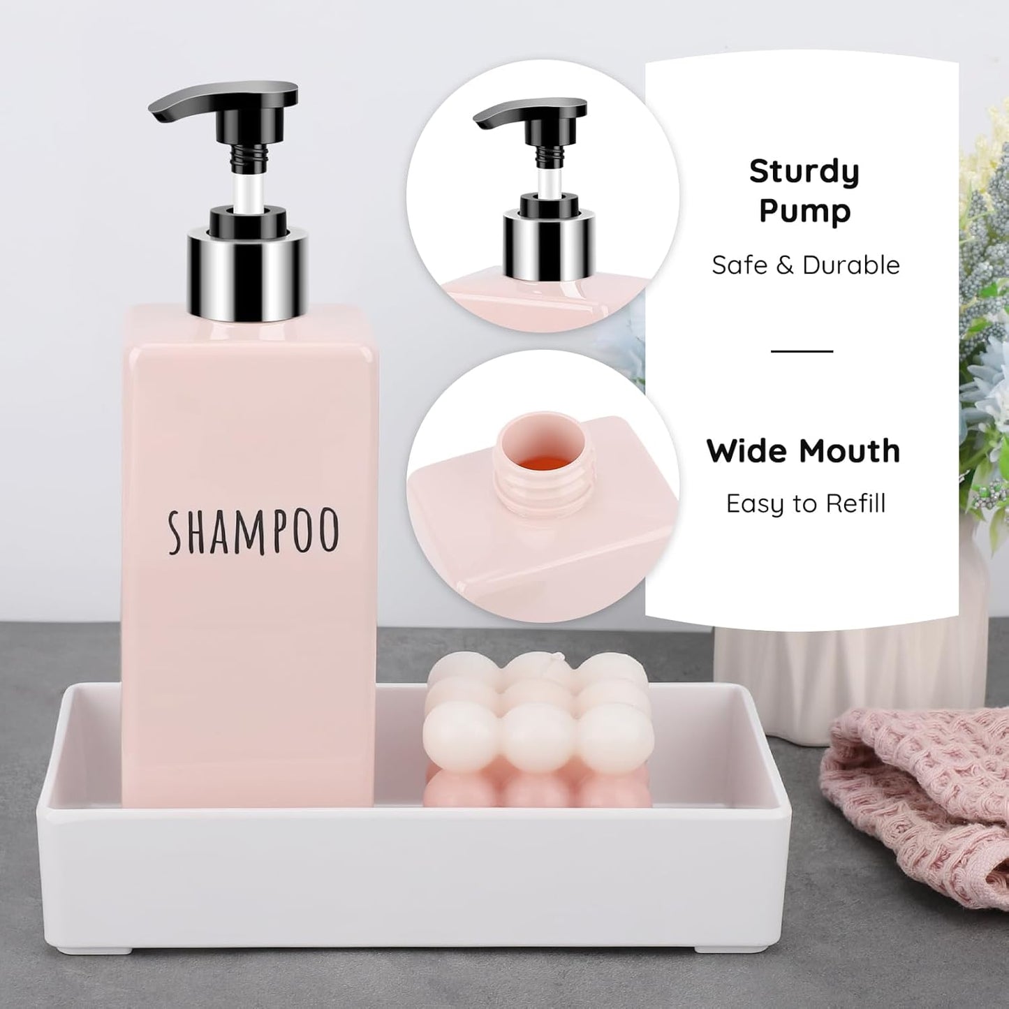 Segbeauty 16.9oz Shower Bottles Refillable, 3 Pack of Shampoo and Conditioner Bottles for Bathroom, 500ml Plastic Square Soap Dispenser Set Lotion Dispenser Empty Press Pump Bottle Pink