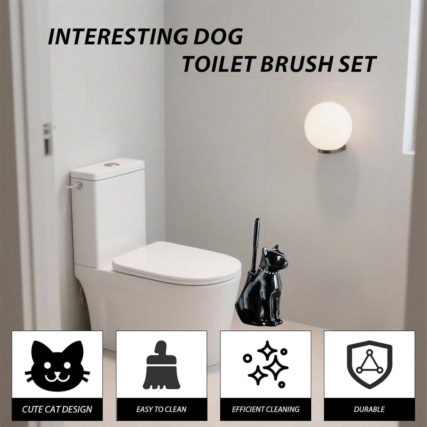 Comeon Ceramic Cat White/Black Toilet Brush and Holder Set, Plastic Handled Scrub Brush for Bathroom Cleaning,10.63"*6.3" (Black)