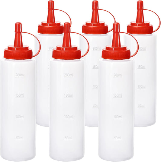 Condiment Squeeze Bottles Ketchup Dispenser, 6 Pack 8oz Squeeze Bottles for Liquids, Plastic Sauce Bottle with Cap Lid, Squirt Bottles for Sauces Liquids BBQ Dressing Pancake Art