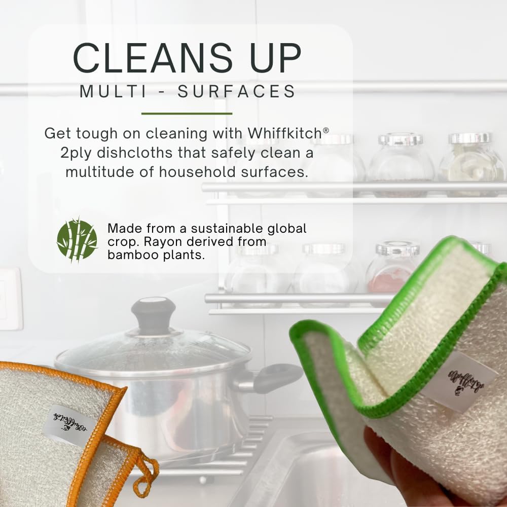 Whiffkitch Dishcloths Dishrags for Kitchen and Household Cleaning 6x7 6-Pack Non-Scratch 2-Ply Weave, Bamboo-Rayon Fabric, Absorbent, Washable, Long-Lasting