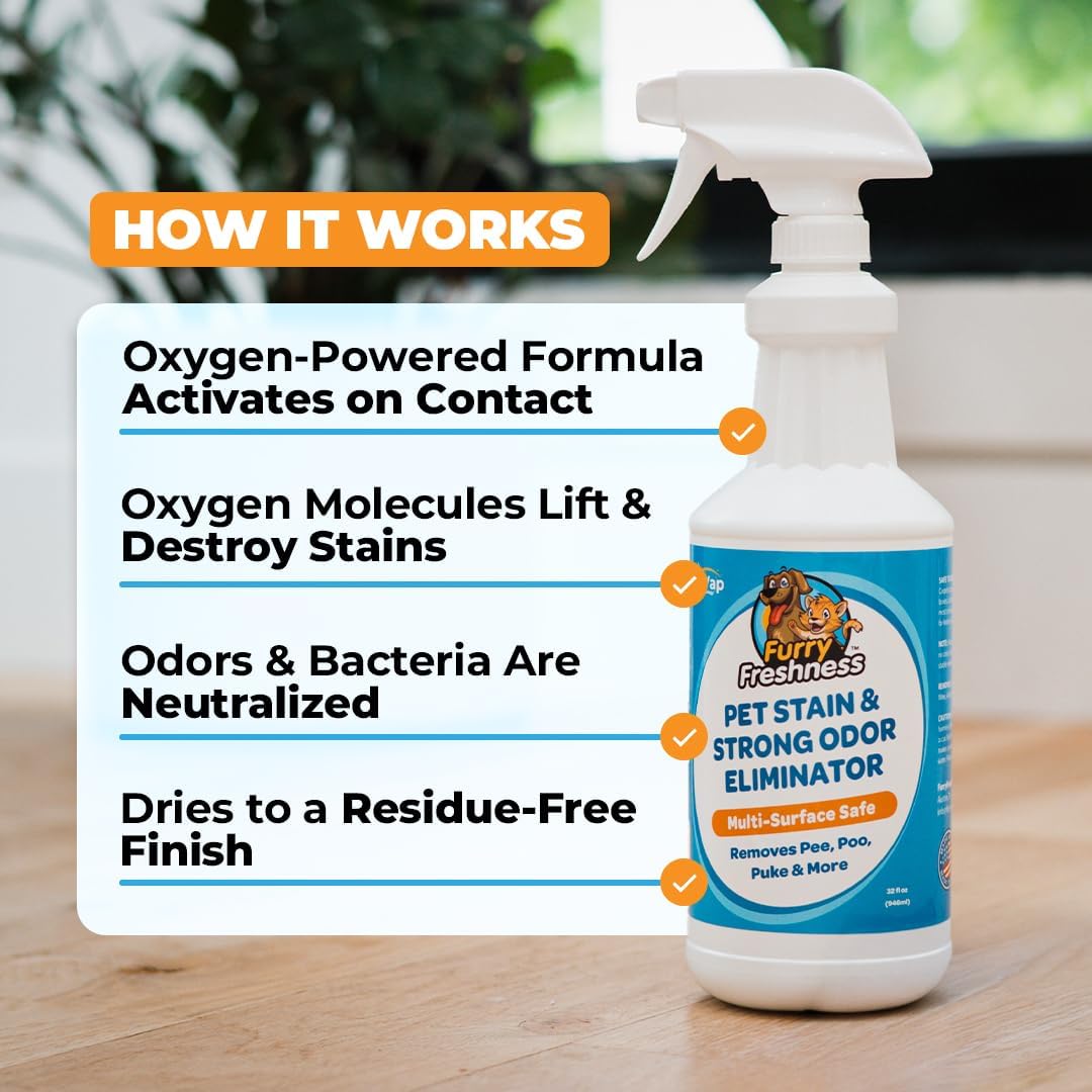 FurryFreshness Extra Strength Cat or Dog Pee Stain & Permanent Odor Remover + Smell Eliminator -Removes Stains from Pets & Kids Including Urine or Blood- Lifts Old Carpet Stains- (Gallon)
