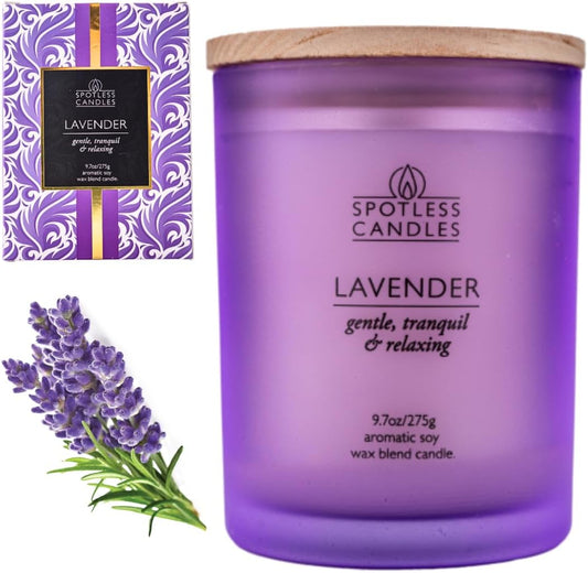 Lavender Candle - 9.7 oz /275g Lavender Scented Candle in Purple Glass Jar with Wooden Lid and Wooden Crackling Wick in a Luxurious Gift Box - Gentle, Tranquil and Relaxing