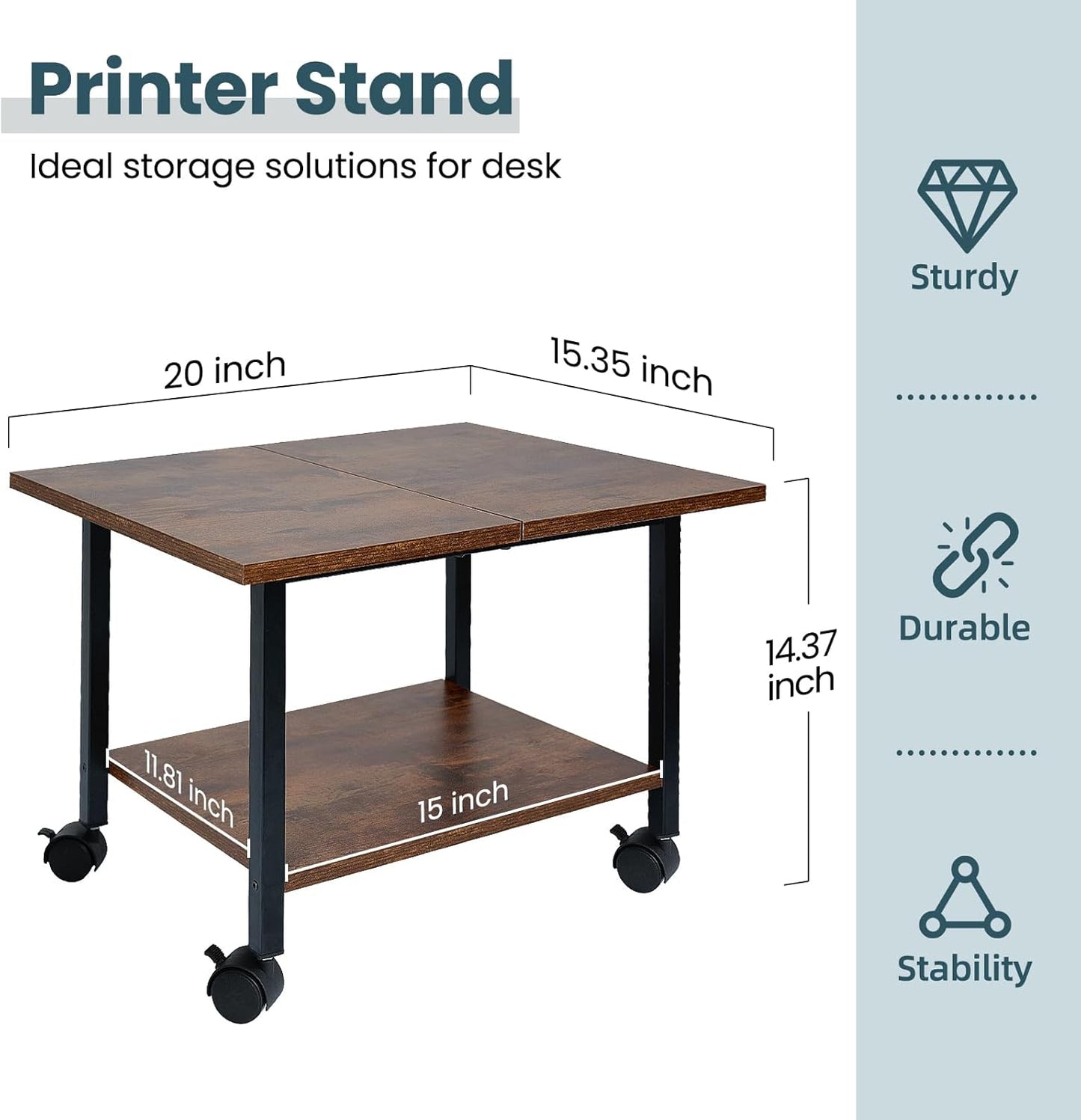 Printer Stand with Storage Under Desk Shelf, Desktop Printer Stand Organizer, Rolling Printer Cart Storage Paper Files Holder for Desk, Office, Home, (Rustic Brown)