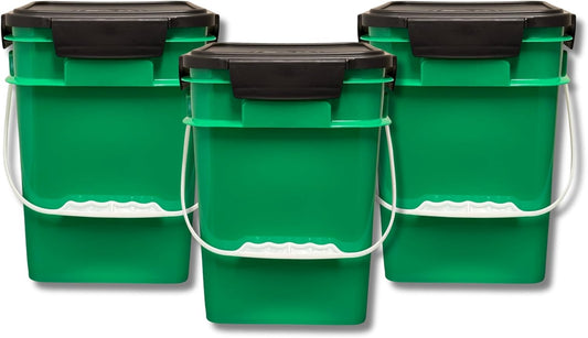 House Naturals 4 Gallon Square Food Grade Bucket Pail with Plastic Handles and Lid (Pack of 3) Made in USA containers (Green)