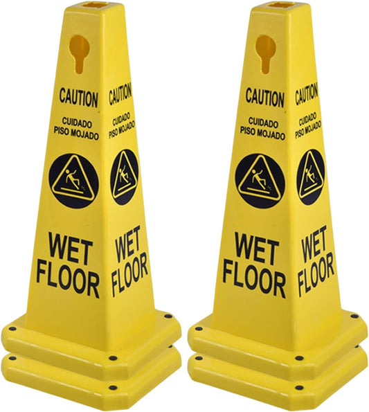 4-Pack 26.5" Caution Cones, 4-Sided Visible Safety Signs with Heavy Rubber Base, Warning for Slip & Fall Prevention, Indoor/Outdoor Use (Yellow, 4Pcs-Caution Wet Floor)