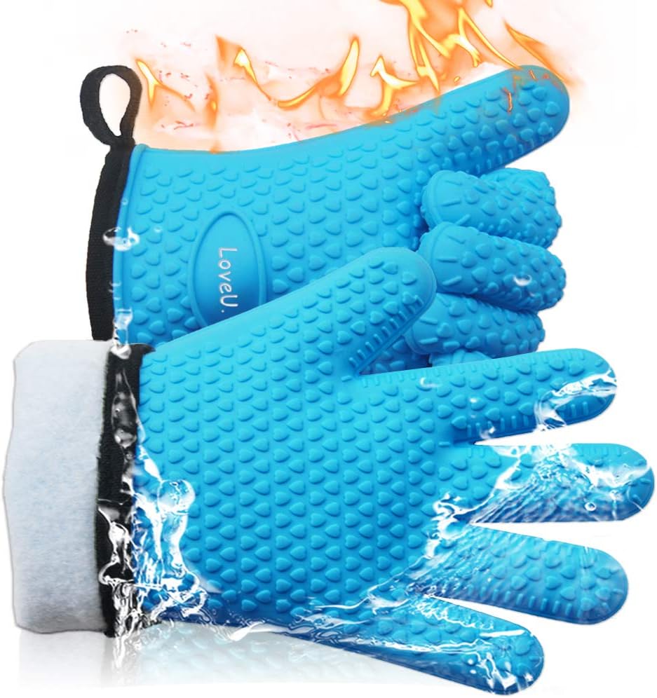 Kitchen Oven Gloves - Dual-Layer Heat Resistant Grilling Gloves, Silicone Oven Mitts with 5 Fingers, Waterproof Non-Slip Pot Holder for Barbecue, Cooking, Baking (Blue)