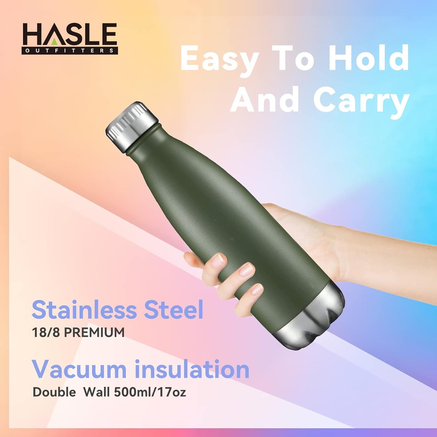 HASLE OUTFITTERS 17oz Stainless Steel Water Bottles, Vacuum Insulated Double Walled Powder Coated Reusable Metal Sports Water Bottles Keep Drinks Hot and Cold, ArmyGreen, 1Pack