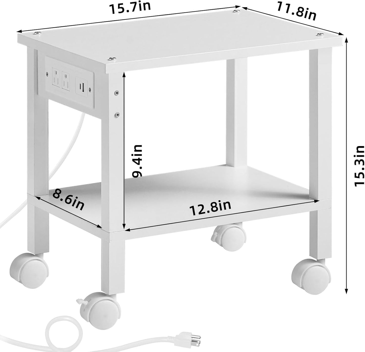 Lerliuo Under Desk Printer Stand with Charging Station, 2 Tier Wooden Small Printer Table with Storage, Rolling Printer Cart Shelf with Lockable Wheels for Home, Office (White)