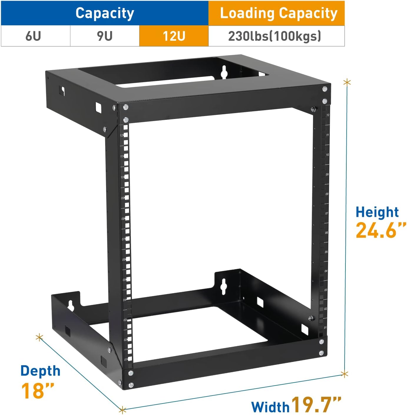 12U Wall Mount Rack Open Frame 19 Inch Server Equipment 2 Post Network Cabinet 18 inches Depth Black by Tedgetal