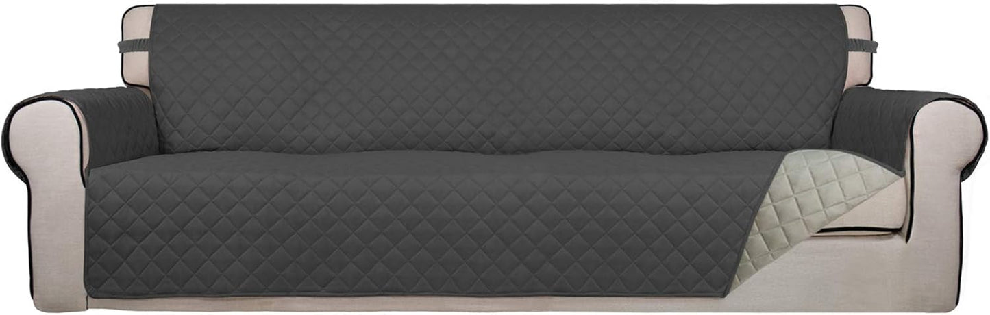 PureFit Reversible Quilted Sofa Cover, Water Resistant Slipcover Furniture Protector, Washable Couch Cover with Non Slip and Elastic Straps for Kids, Dogs, Pets (XX Large, Dark Gray/Beige)