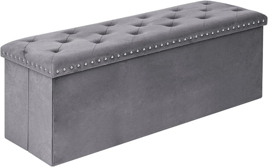 Velvet Storage Ottoman Bench, 43.3" Folding Ottoman with Rivet Trim, Heavy-Duty Upholstered Entryway Bench, Sturdy Footrest and Seat for Bedroom, Living Room, Holds up to 660 LBS, Grey