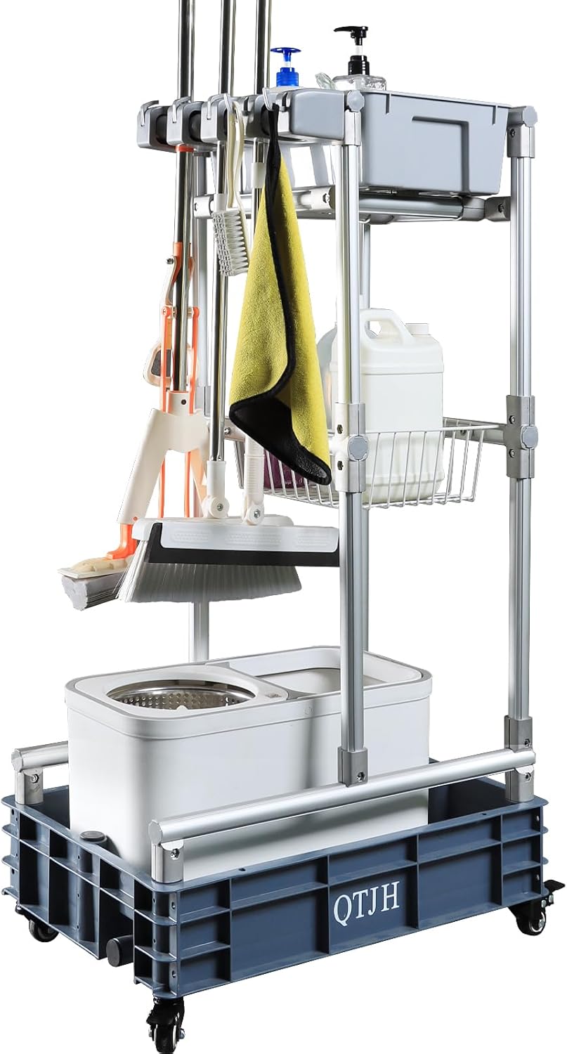 Rolling Cleaning Cart with Mop & Broom Organizer ， Convenient Storage Cart for Janitorial Supplies, Tools, and Cleaning Equipment ， Floor Cleaning Station with Wheels for Housekeeping, Garage &Garden