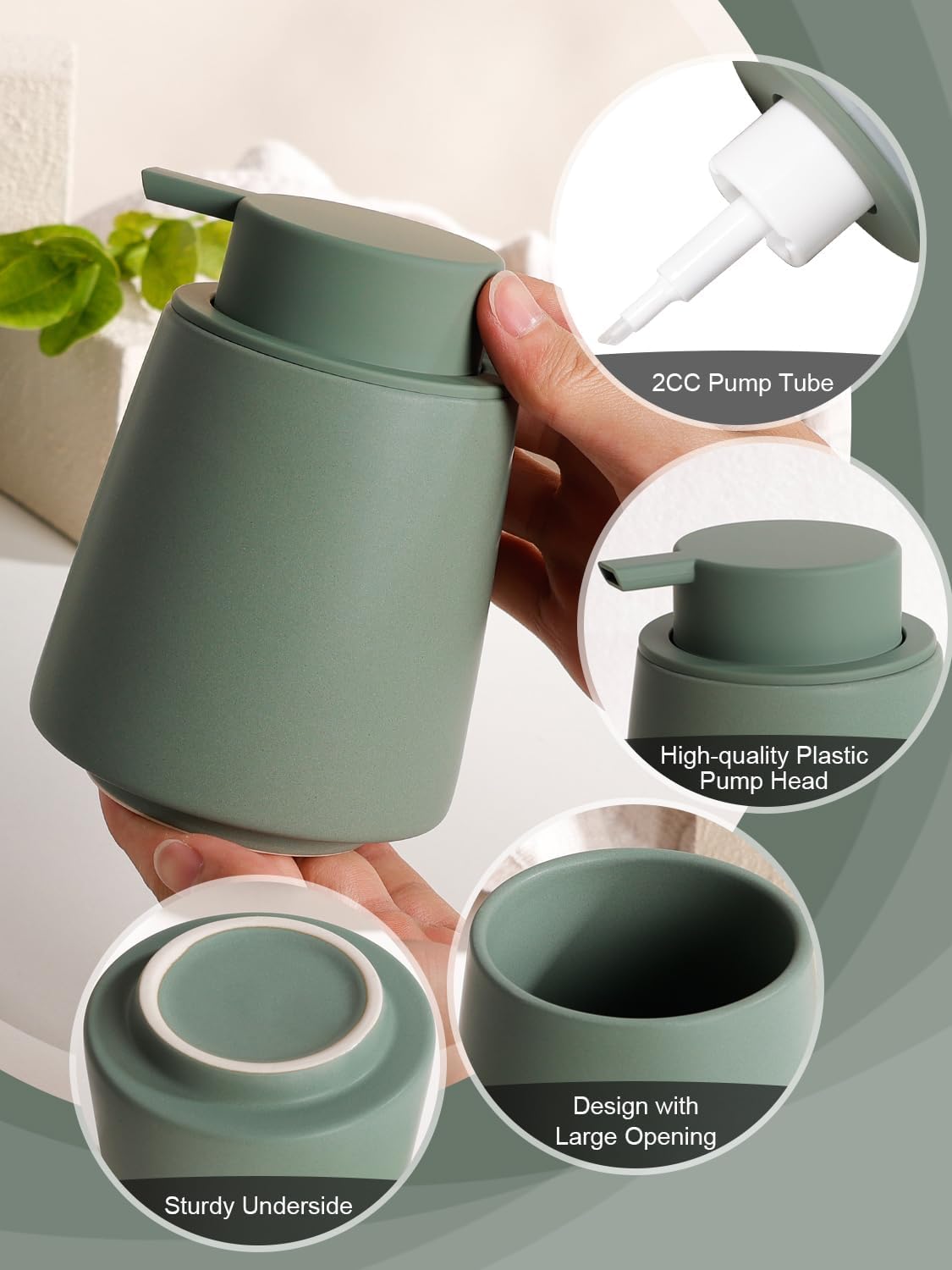 INGOFIN Ceramic Foaming Soap Dispenser -14 oz Foam Hand Soap Dispenser Bathroom Modern Refillable Dish Wash Bottle for Kitchen with Large Pump Matte Green