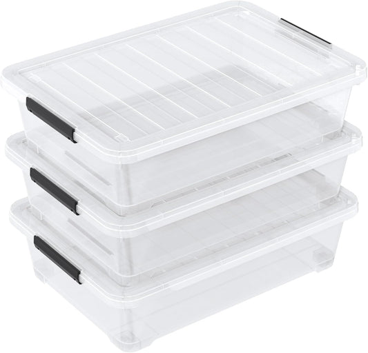 Set of 3 42 L Clear Plastic Under The Bed Storage Bins, Underbed Box with Latching Lid and Wheels, Flat Container for Dormitory, Apartment, Attic