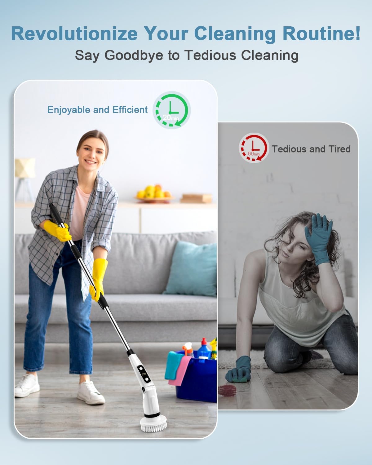 IEZFIX Electric Spin Scrubber, Bathroom Power Shower Scrubber Cleaning Brush for Tub/Tile/Floor/Toilet/Kitchen, 8 Cleaner Scrub Brush Heads, 3 Speeds 450RPM Max, Telescopic Rod Black