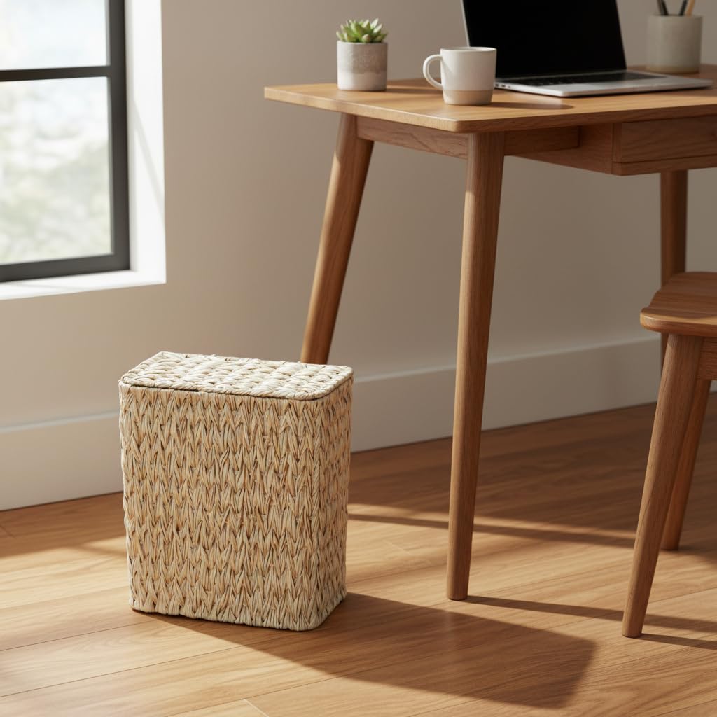 Wicker Trash Can with Lid and Liner,Boho Decotative Small Bathroom Trash Cans,Waterproof Slim Waste Basket for Bedroom,Home Office,3 Gallon