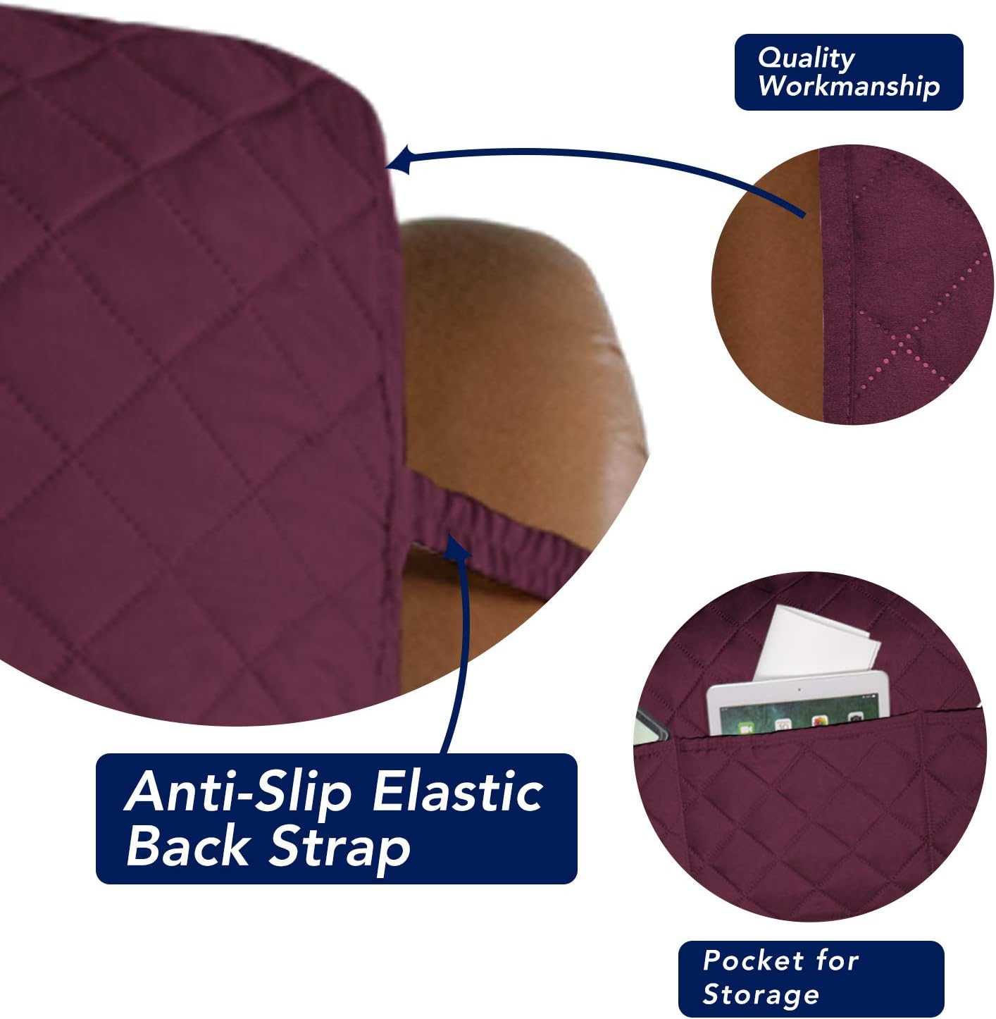 PureFit Reversible Quilted Sofa Cover, Water Resistant Slipcover Furniture Protector, Washable Couch Cover with Non Slip and Elastic Straps for Kids, Dogs, Pets (Oversized Recliner, Wine/Beige)