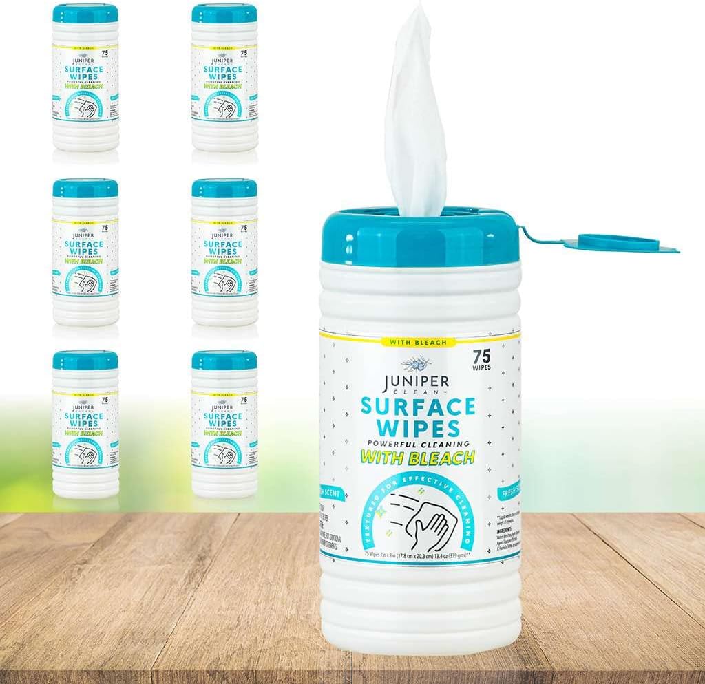 6 Pack Surface Cleaning Wipes with Bleach, All-Purpose Cleaner for Bathroom, Kitchen, Office, 450 Count Canister, Fresh Scent, 7.5" x 7" Sheet, Lint Free & Durable