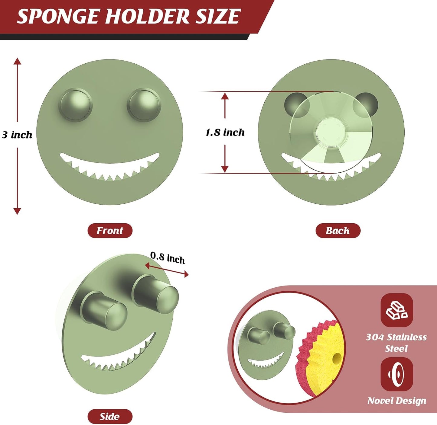 Sponge Holder for Kitchen Sink,Sink Caddy Organizer with Suction Cup Installation for Kitchen/Bathroom, Self Draining,Sponge Caddy for Holding Smiley Sponges-Green