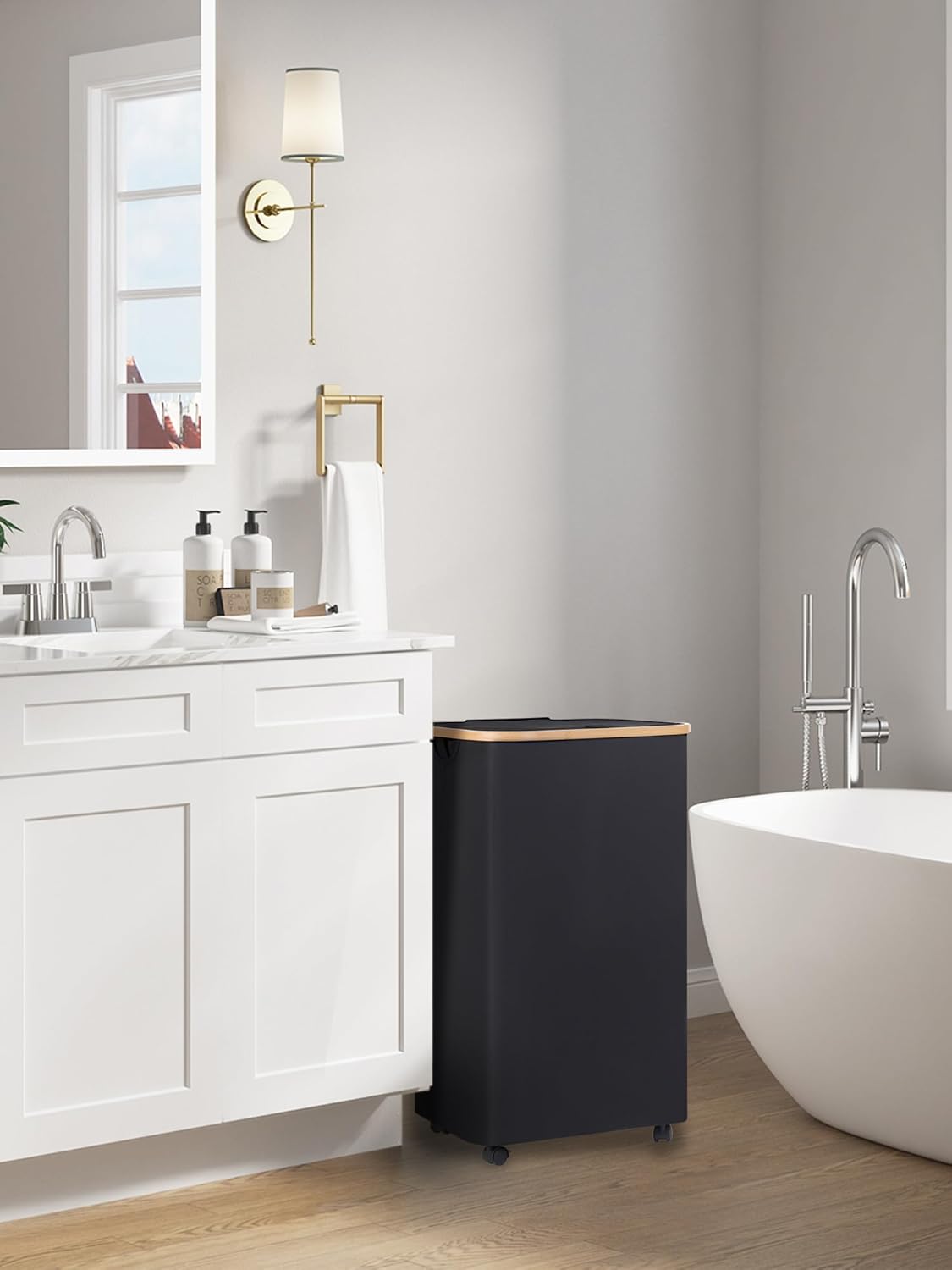 efluky Laundry Basket with Wheels, Tall Rolling Laundry Hamper with Lid and Removable Bag, Aesthetic Dirty Clothes Hamper on Wheels for Laundry Room, Bedroom, Dorm and Bathroom, 100L Black