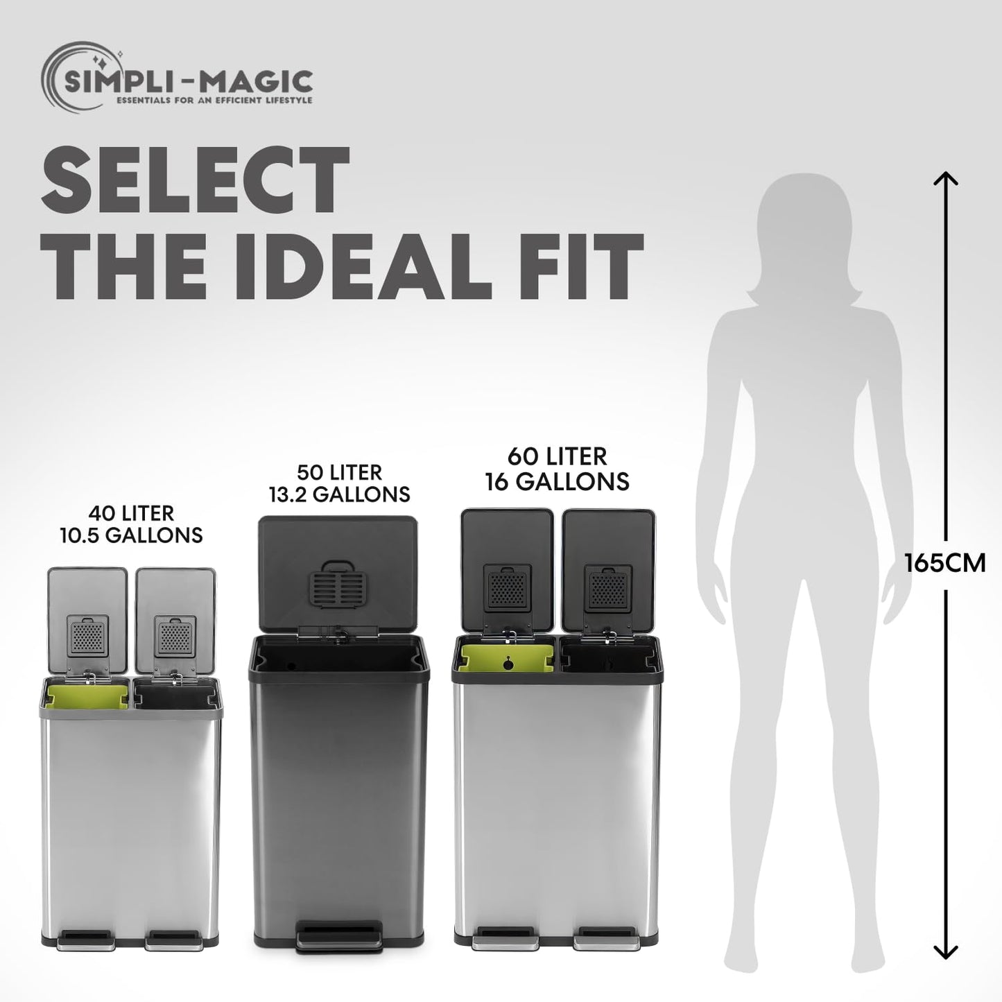 SIMPLI-MAGIC 13.2 Gallon (50L) Step Trash Can – Kitchen Garbage Can with Slow-Close Lid – Odor Control, Hands-Free, Easy to Clean, Brushed Stainless Steel