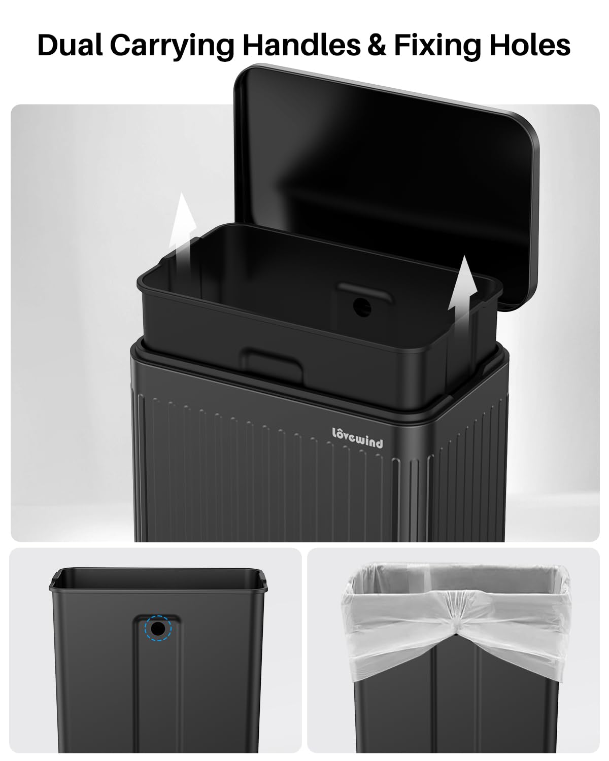 Lovewind 60 Liter/ 16 Gallon Stainless Steel Trash Can with Soft-Close Lid, Large Footstep Garbage Can with Roman Texture, Removable Inner Buckets, Recycling Bin for Kitchen Office, Black