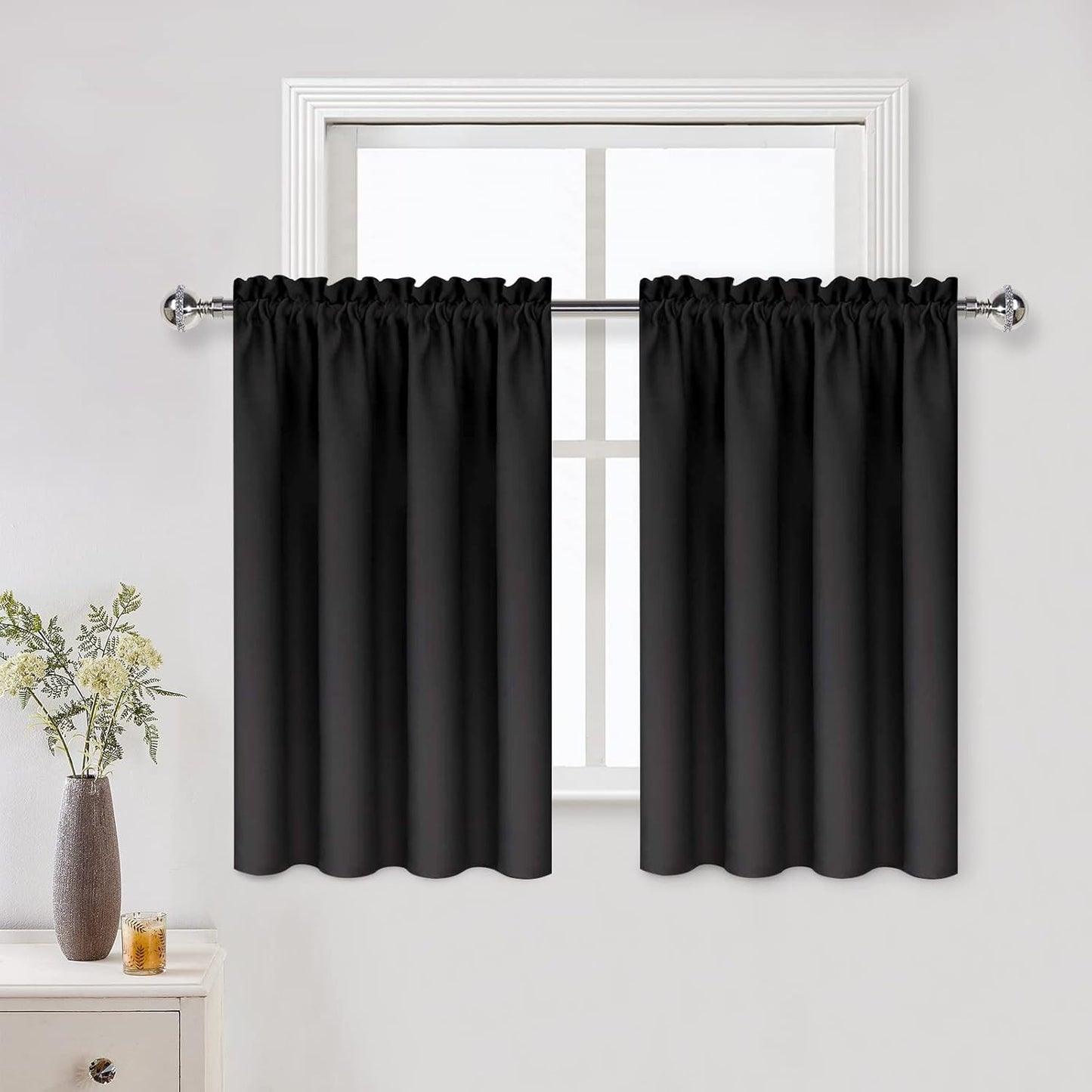 DWCN Black Short Blackout Curtains for Small Window, Thermal Insulated Energy Saving Room Darkening Curtains for Kitchen/Bedroom (W42 x L36 inch, Set of 2 Panels, Top of Rod Pocket)